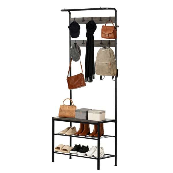 Freestanding Entryway Hall Tree, Rustic 4-In-1 Coat Rack Organizer With Bench, 10 Hooks & 2 Tier Shoe Storage Shelves, Furniture For Entry Bedroom Living Room