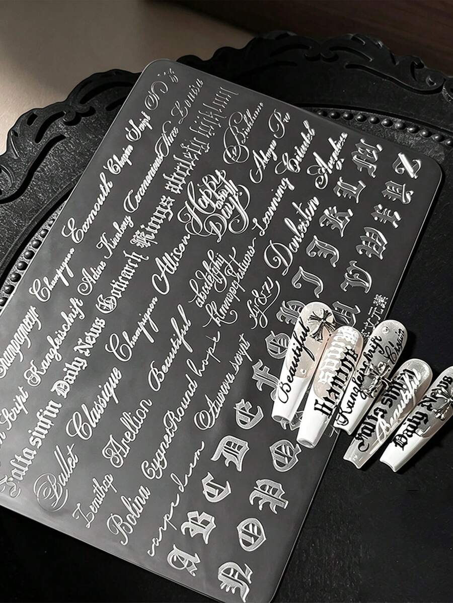 復古哥德式草寫字母美甲印花板，不鏽鋼英文手寫體字母單字美甲模板，可重複使用美甲印刷模板，適用 DIY 美甲裝飾