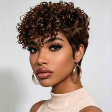Pixie Short Human Hair Wig, Curly, 150% Density, Natural Black, Machine Made, For Women's Daily And Party Wear - Multicolor - View 3