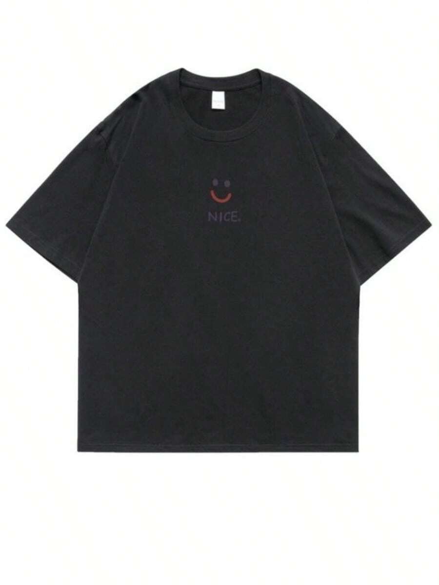 Privathinker Creative Smiling Face Tshirt Round Neck Short SLeesve T-Shirt Korean Style Male Tops Fashion Tees 71840 - 黑色 - 查看 1
