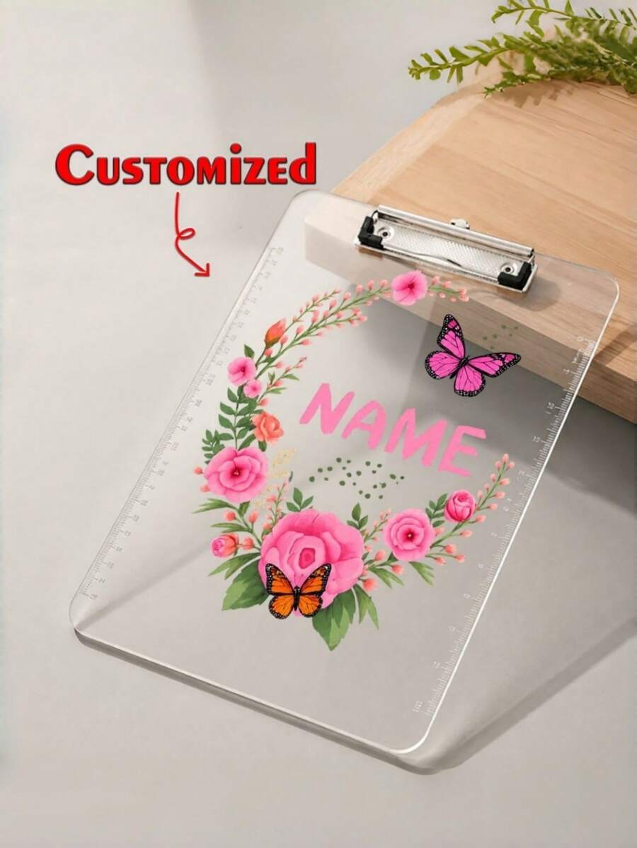 Personalized Custom Clipboard With NameAcrylic Material Floral Buttertly Print Pattern And Textfor Office School Home Use Students Teachers Adults Suitable For Birthday Graduation Back To School - Multicolor - View 1