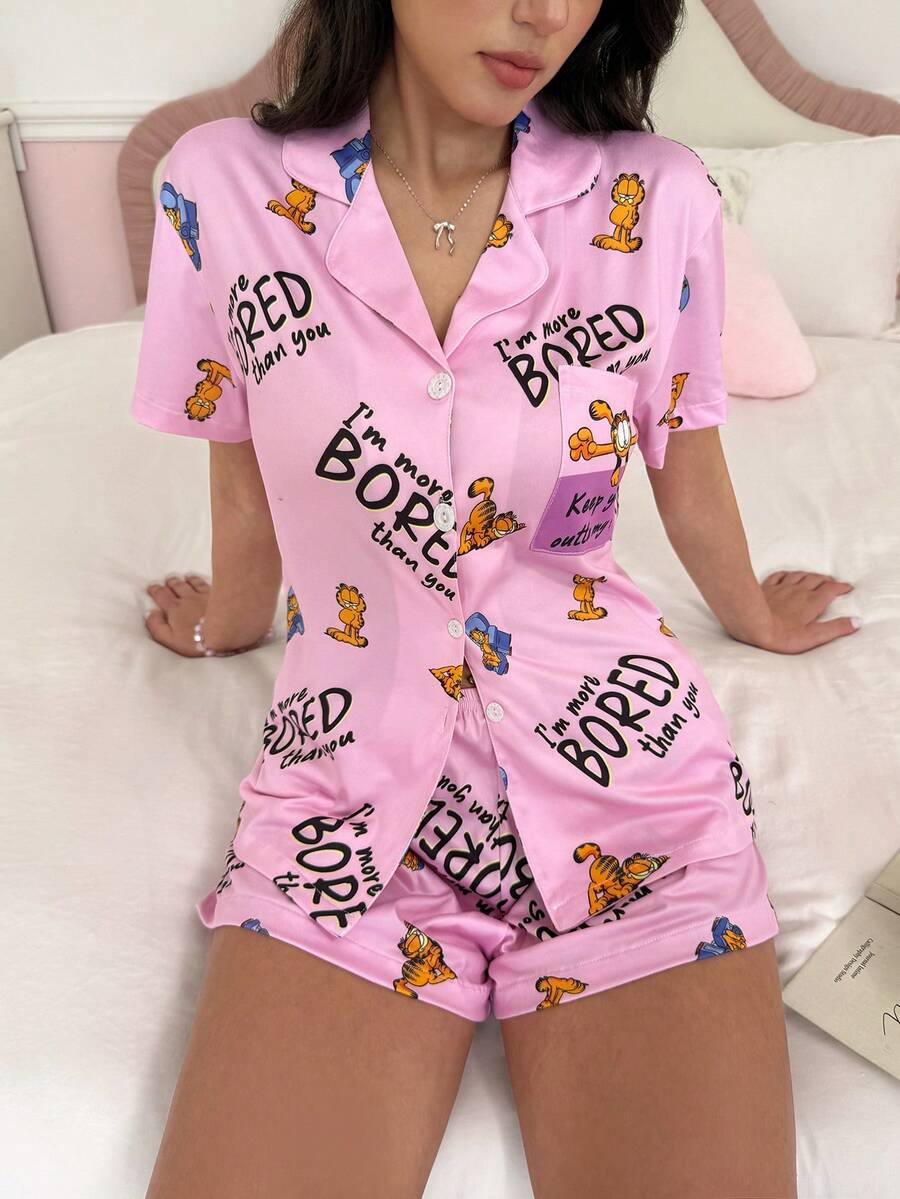 Noctvar OBM Sleepwear X Garfield 2pcs Cartoon Print Short Sleeve Top With Pocket And Shorts Pajama Set, Suitable For All Seasons - Pink - View 1