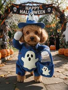1 Set Blue Polyester Printed Pet Clothing With Glowing Ghost Pattern, Including Dog Outfit And Dog Hat. Happy Puppy Cat Dog Clothes, Halloween Limited Edition Glowing Costume, Suitable For Small To Large Dogs. - Blue - View 12