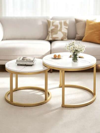 1 Set Round Nesting Coffee Table Set, Marble Effect Coffee Table,2-Piece Modern Marble Effect Table With Gold/Black Metal Frame, Accent Side Table For Living Room, Bedroom, Apartment Home Decor