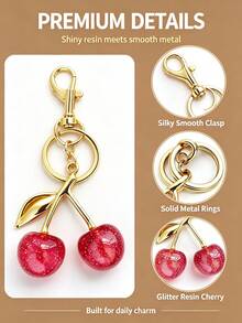 1pc Glitter Resin Cherry Bag Charm, Sweet Fruit Keychain With Lobster Clasp, Fashion Handbag Pendant Key Ring Accessory, Gift For Women And Girls - Cherry - View 7