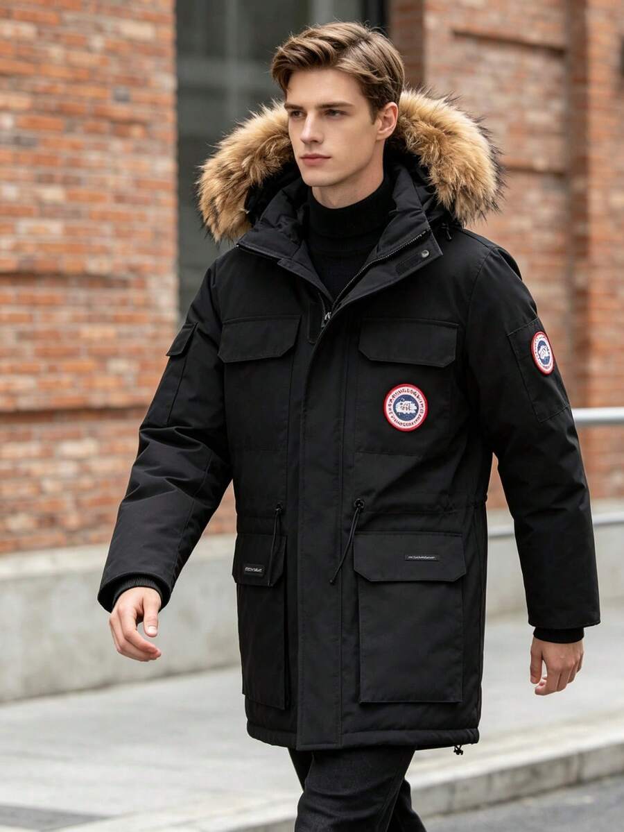2026 New Men's Outdoor Hooded Parka Jacket, Detachable Faux Fur Trim Multi-Pocket Mid-Length Windproof Warm Winter Workwear Outerwear - Black - View 1