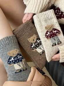 5 Pairs Women's Winter Mid-Calf Socks - Comfortable And Warm, Featuring Teddy Bear And Mushroom Patterns, Machine Washable, Available In Brown/Grey/Black, Suitable For Casual And Formal Occasions, Designed With Cute Animal Patterns, Fluffy And Warm Material, Essential For Sock Lovers, Set Includes 10 Pairs (2 Pairs In Christmas Gift Box) - Multicolor - View 3