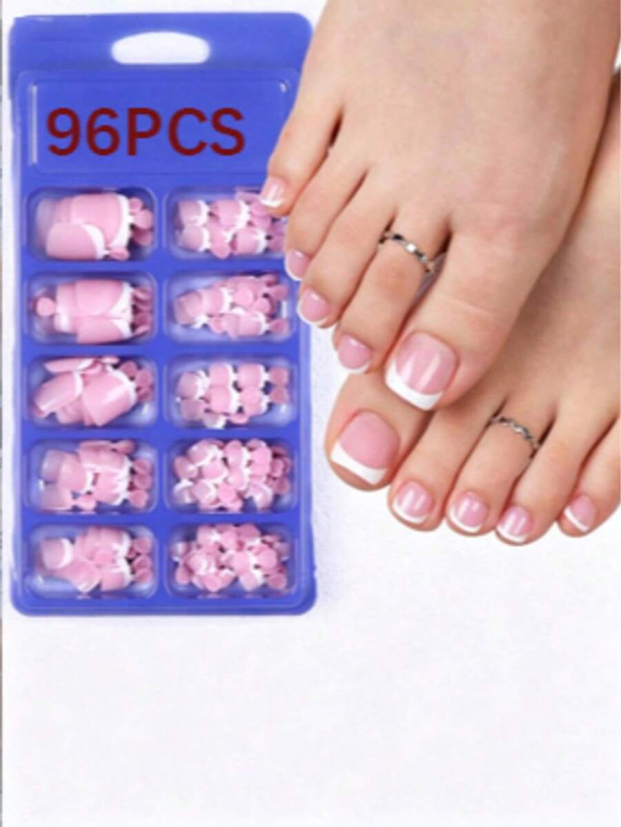 96 Pcs Glossy Fake Toenails, 12 Sizes/Box, White French Manicure, Press-On Nails, Full Cover Short Square False Toenails, Artificial Acrylic Pedicure Patches, With Buckle, Suitable For Women And Girls - White - View 1