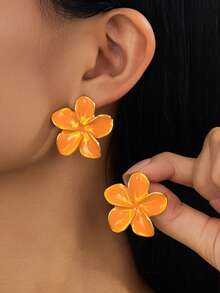 1 Pair Elegant Summer Fresh Vacation Beach Style Soft Handmade Drip Oil Orange Enamel 3D Flower Shaped Women's Plumeria Stud Earrings - Orange - View 1