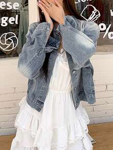 Jaket Pendek Denim Baru Longgar Gaya Vintage Elegan Atasan Kasual Wanita - Biru - View 4