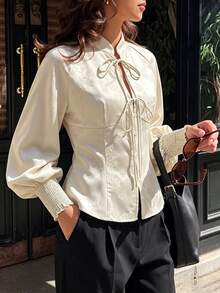 Elegant Women's New Chinese Style Apricot Floral Jacquard Blouse With Cheongsam Collar, Decorated With Bow Tie And Shirred Cuffs, Suitable For All Seasons - Apricot - View 6