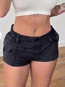 女士纯色前扣口袋简约 Y2K 风格休闲短裤 - 深灰色 - 查看 1