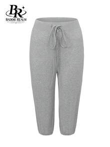 BR Women's Grey Knit Fabric Drawstring Ribbed Detail Slim Fit Casual Pants - Grey - View 8