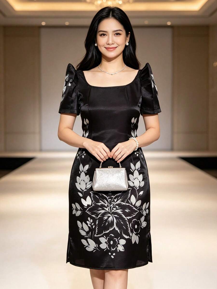 Modern Attire 女款優雅蝴蝶袖印花短袖洋裝 - 黑色 - 查看 1