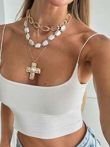 3pcs/Set Asymmetrical CCB Pearl Cross Pendant Necklace, Vintage Unique Clavicle Chain Necklace Suitable For Daily Wear And Party - Multicolor - View 2