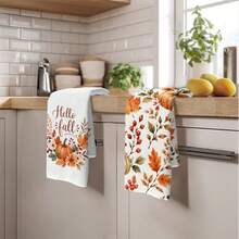 2件組廚房毛巾 秋季 Hello Fall 南瓜花環圖案印花 40*60cm 簡約風格長方形超細纖維廚房毛巾、洗碗布、桌布、手巾，感恩節廚房裝飾、家居裝飾、鄰居喬遷禮物，適用於廚房與浴室使用，適合家庭主婦與家庭聚會禮物，居家必需品 - 彩色 - 查看 10