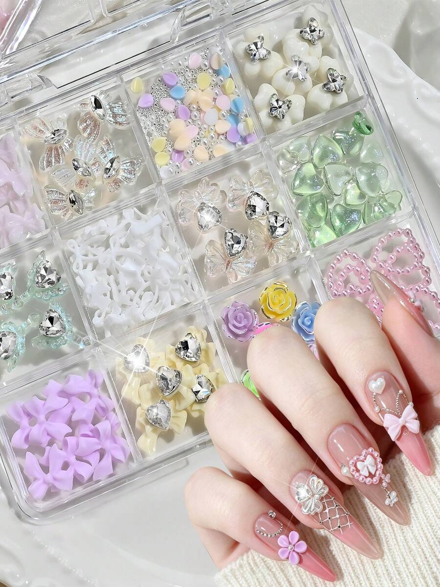 Conjunto de 12 Grades de Encantos de Unhas Pastel Primavera Verão, Ornamentos 3D de Resina Flor Laço Borboleta Coração, Cristais de Strass Transparentes, Joias de Unhas de Cor Doce de Bala com Bottom Plano, Decorações de Manicure DIY para Unhas Postiças & Design de Arte de Unhas