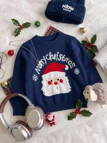 Young Boy Round Neck Letter Cartoon Pattern Casual Versatile Daily Wear Long Sleeve Sweater - Navy Blue - View 3