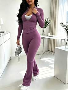 Spring/Autumn Bestselling Women's 2 Pieces Set, Fashion Slim Fit Solid Color Zip-Up Jacket And Long Pants, Lightweight Polyester Fitness Yoga Fabric - Purple 81 - View 4