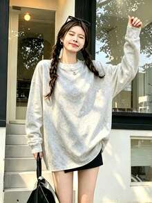 1件女款復古水洗素色長袖T恤，秋季休閒寬鬆百搭圓領上衣 - 白色 - 查看 2