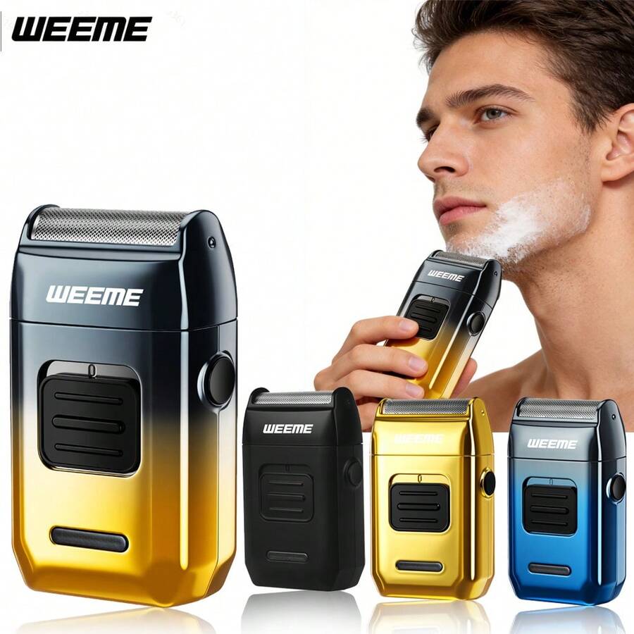 WEEME 男士電動刮鬍刀，USB充電、LCD電池顯示，適合車用與隨身攜帶，送給爸爸、丈夫、兒子、兄弟與朋友的理想禮物（漸層金、金色、漸層藍與黑色可選）
