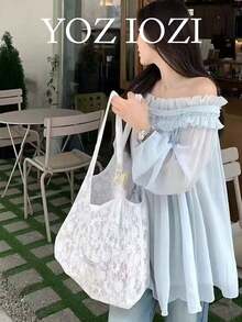 韓系小眾設計 Ins 風蕾絲單肩包，時尚女款托特包，適合旅行、通勤、外出、日常購物，夏季百搭沙灘包 - 白色 - 查看 5