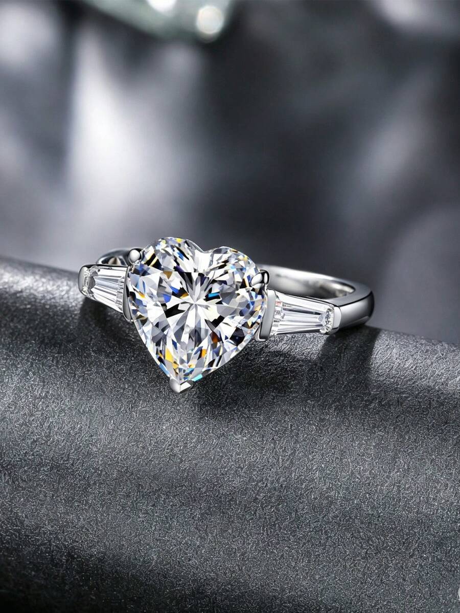 MONALLY Heart Cubic Zirconia Ring Engagement Ring Women Promise Ring Open Adjustable Ring Baguette Side Stones Ring Heart Wedding Band Jewelry Gift - Open Ring - View 1