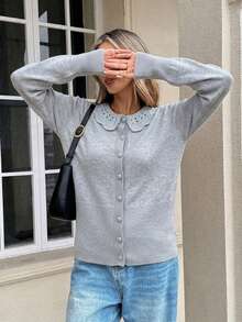 Crochet Lace Peter Pan Collar Cropped Cardigan For Women, Button Front Rib Knit, Long Sleeve, Gray Cute Academia Fall Clothes For Women - Grey - View 2