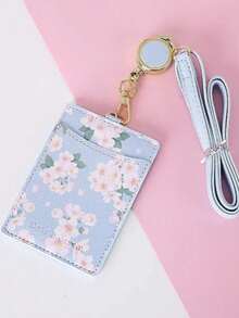 1pc Sakura Pattern Retractable Badge Hanging Rope PU Material Floral Pattern ID Card Holder Portable Cute Floral Pattern Storage Card Clip - Multicolor - View 7