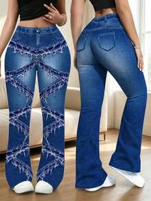 Women's Plus Size Slim Fit Denim Effect Print Flare Pants, Medium Stretch, Exquisite Details, Fashionable And Comfortable - Blue - View 1