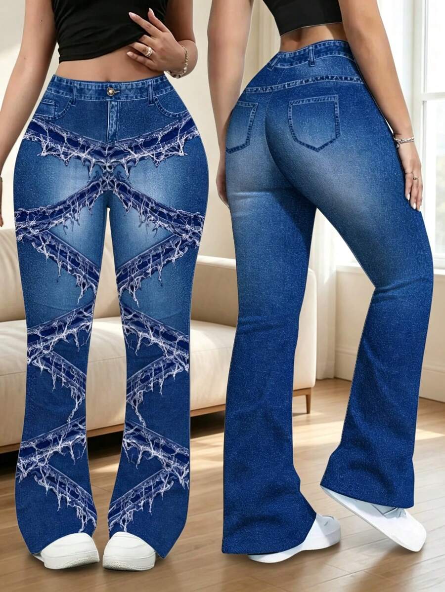Women's Plus Size Slim Fit Denim Effect Print Flare Pants, Medium Stretch, Exquisite Details, Fashionable And Comfortable - Blue - View 1