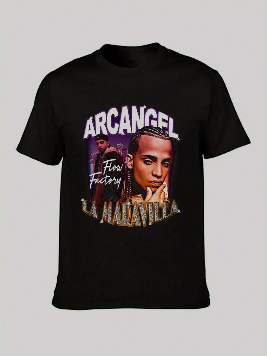 Camiseta Gráfica Vintage Arcangel - Camiseta Negra de Reggaeton Hip Hop Rapper con Estampado de La Maravilla & Flow Factory, Camiseta Casual de Manga Corta para Hombre, Lavable a Máquina, Re - Negro - Ver 1