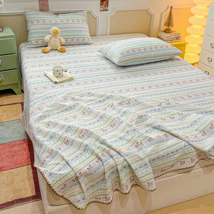 3-Piece Bed Sheet Set With Lace Trim, Botanical Print Design, Crochet Lace, British Country Style, Suitable For Single, Double, And Student Beds - Multicolor - View 1