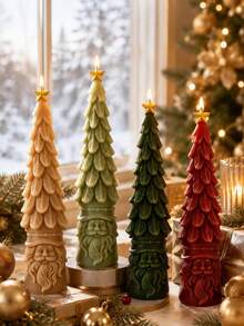 Moule à bougie en silicone 3D sapin de Noël haut avec base Père Noël, sapin pointu avec gaufrage de couche de feuilles, sommet étoile dorée et base barbe du Père Noël, silicone flexible anti-adhésif résistant à la chaleur, facile à démouler et à réutiliser, convient pour la cire de soja, la résine époxy, le plâtre, le savon, les loisirs créatifs DIY, la décoration de table de fenêtre d'hiver et les boîtes cadeaux de Noël faites à la main - Moule du Père Noël - Voir 10
