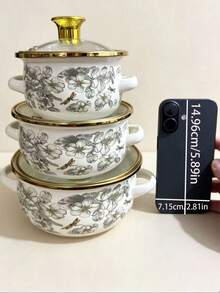 3pcs Multifunctional Enamel Cookware Set 12-16cm, Mini Pots For Porridge, Milk, Soups, Kitchen Appliances, Compatible With Induction & Gas Cooktop - Multicolor Three-piece Set - View 10