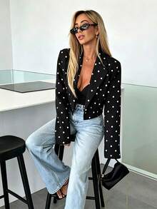 Women's Fashion Black Polka Dot Short Long Sleeve Blazer, Perfect For Autumn Outfits And New Year Events - Black - View 1