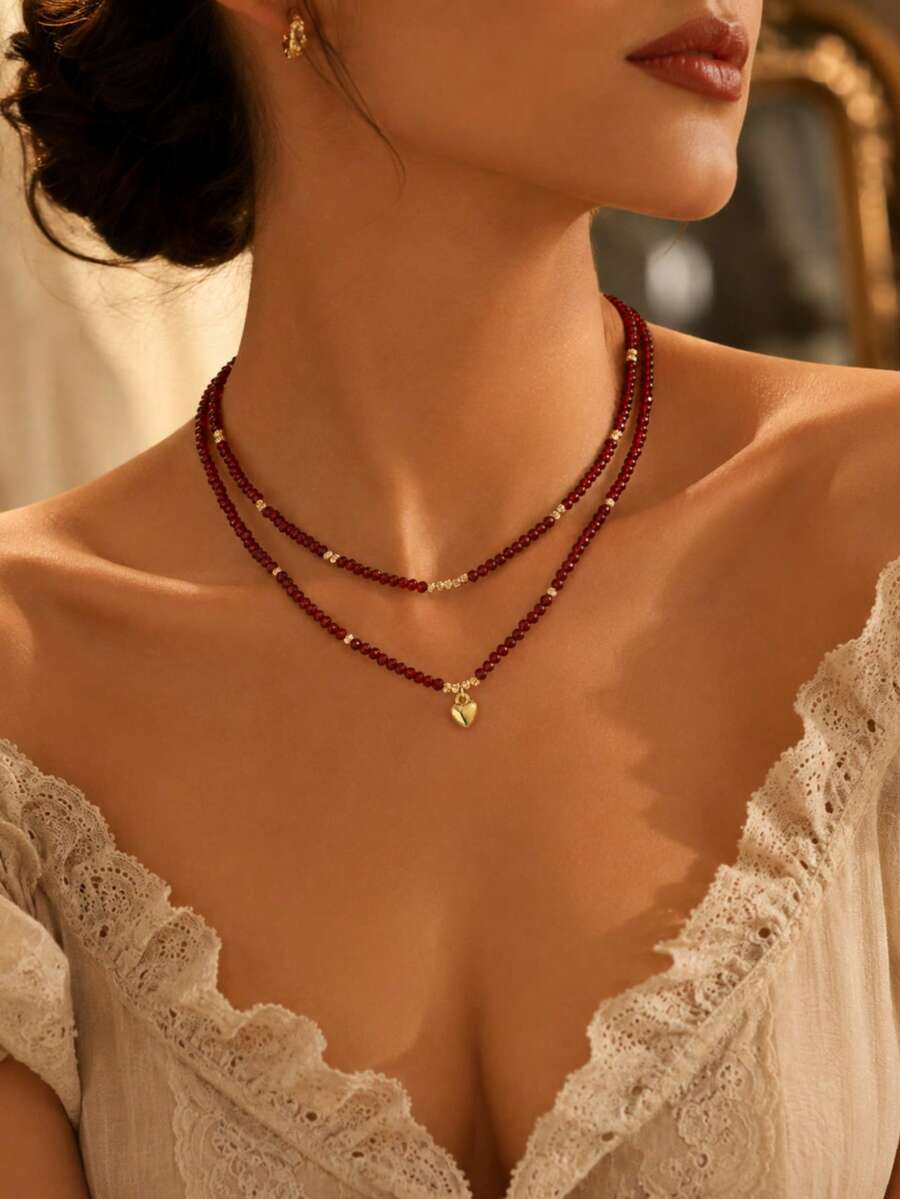 2pcs Minimalist Elegant Luxury Versatile Burgundy Acrylic Multi-Faceted Beads CCB Round Beads Heart Pendant Multi-Element Multi-Layer Necklace Suitable For Women Daily Casual Outing Banquet Music Festival Events Wear Holiday Gift - Burgundy - View 1