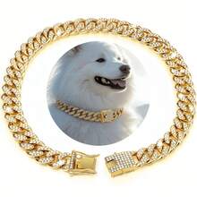 Rhinestone Gold Dog Collar, Hip-Hop Style Gold Dog Necklace, Chunky Gold Chain Cat Collar, Full Rhinestone Fashion Pet Collar - Gold - View 4