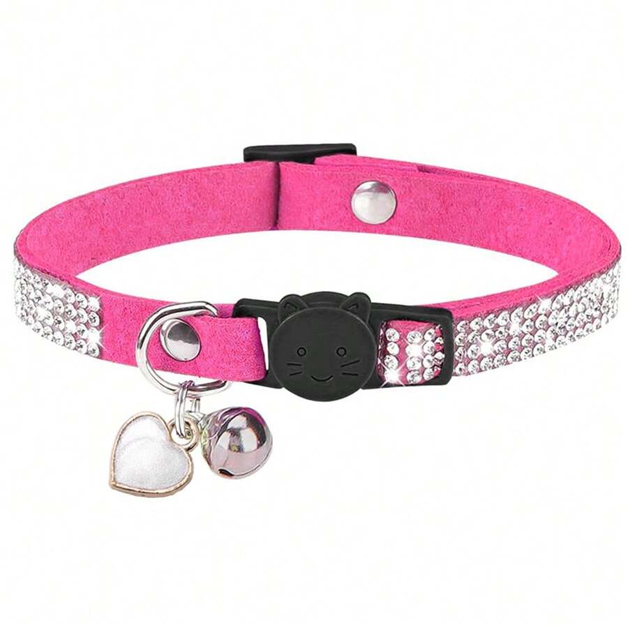 Cat Rhinestone Collar With Bell, Quick Release Safety Buckle Design, Suitable For Small Cats And Small Dogs, Cute And Soft For Princess Cats And Prince Cats - Hot Pink - View 1