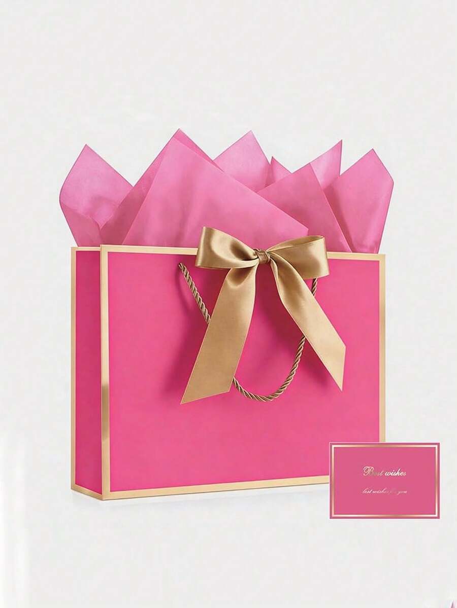 5pcs/Set Gift Bag, Includes 1 Gift Bag, 2 Sheets Of Tissue Paper, 1 Card, With Ribbon Handle Shopping Packaging Bag, Bow Decor, Suitable For Girls, Weddings, Christmas, Thanksgiving, New Year, Valentine's Day, Bridesmaids And Other Occasions - Multicolor - View 1