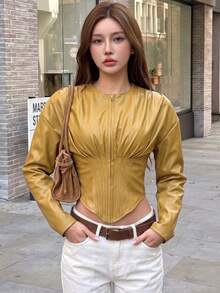 Chic Women's Faux Leather Long Sleeve Top, Round Neck Corset Design, Perfect For Autumn Vintage-Look Styling - Green - View 2