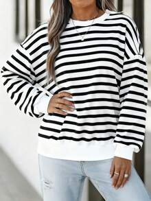 Plus Size Women's Striped Knit Round Neck Top, Fashionable And Comfortable, Long Sleeve Top, Suitable For Casual Style - Black - View 1