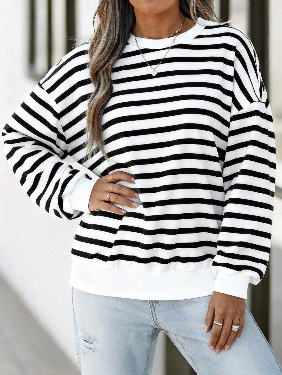 Plus Size Women's Striped Knit Round Neck Top, Fashionable And Comfortable, Long Sleeve Top, Suitable For Casual Style - Black - View 1