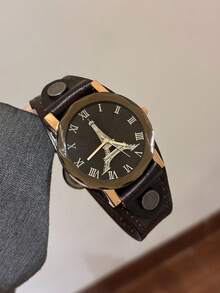 Reloj De Pulsera Cuarzo Con Esfera Retro Estilo Torre Eiffel Con Números Romanos, Unisex - Marrón - Ver 4