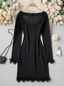 Elegantes schwarzes Spitzen-Bodycon-Kleid im koreanischen Stil mit langen Ärmeln, figurbetonendes sexy Damen-Herbstkleid für Date, Party, Urlaub und Hotel-Ausflug - Schwarz - Übersicht 11