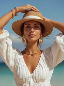 CAJUNI 1pc Women's Colorblock Fashionable Summer Sun-Shielding Versatile Woven Jazz Hat, Straw Hat - Khaki - View 2
