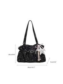 New Casual Solid Color Oxford Cloth Tote Bag, Star Pattern, Pleated Fabric Women Shoulder Bag - Black - View 11