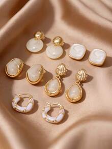 5 Pairs Multi-Style Cream White Resin Stud Earrings Set, Lightweight Vintage Versatile Wearable Accessories - Multicolor - View 1