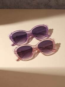 2 PCS Girls 5-9Y Glitter Flower Decor Cat Eye Fashion Glasses Lightweight PC Frame Soft Tinted Lens Casual Sweet For Travel Party With Glasses Box - Multicolor - View 3