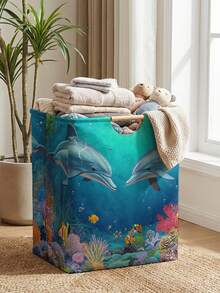1pc Storage Basket, Laundry Hamper, Washing Basket, Storage Bin, Ocean Print Design, Foldable Multi-Purpose Basket With Wooden Handles, Suitable For Daily Clothing Storage And Organization - Multicolor - View 9